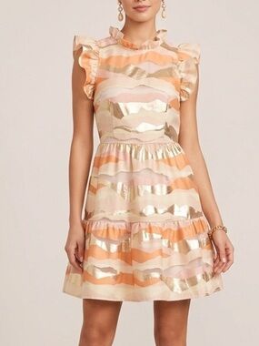 Marie Oliver Taren Dress in Metallic Dunes Sz S Mini A-Line Ruffle Short sleeves